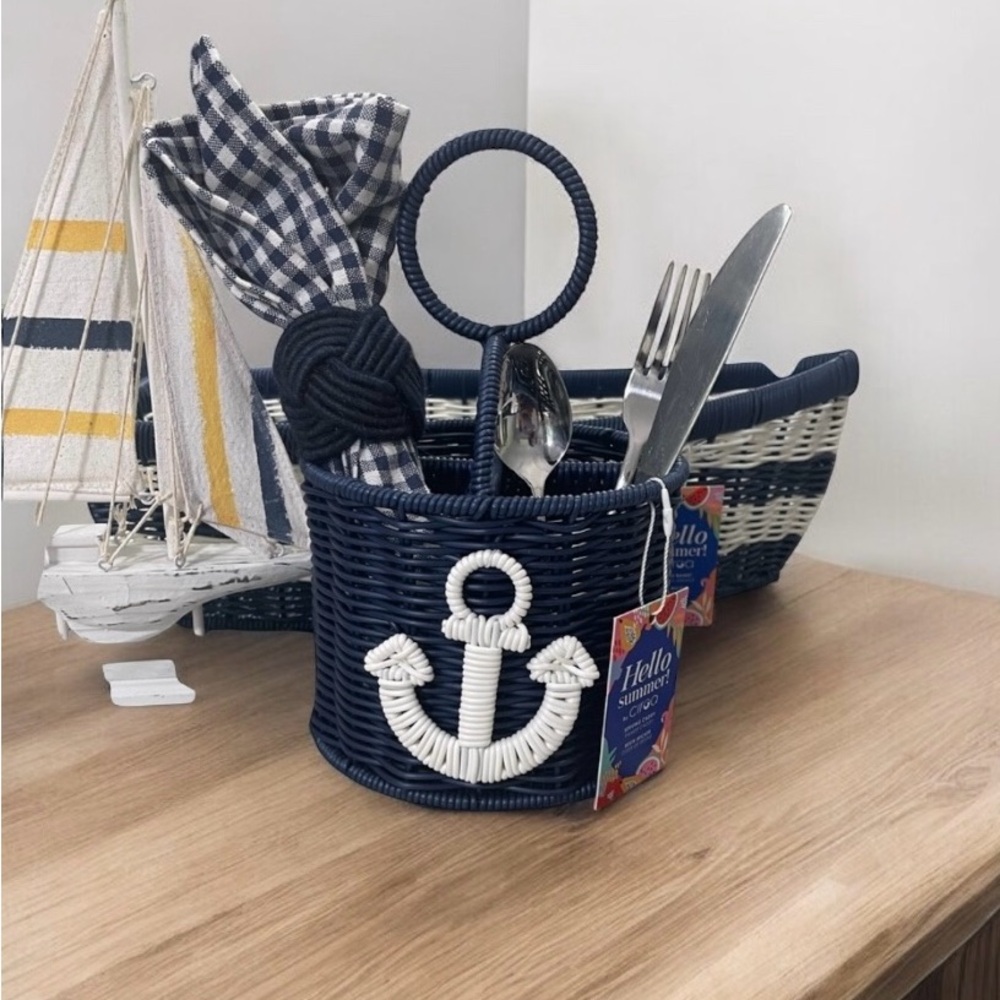 Blue and White Nautical themed resin wicker utensil holder with Anchor Accent